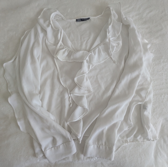 Zara White See Through Ruffle Blouse Size Xl - Picture 2 of 3